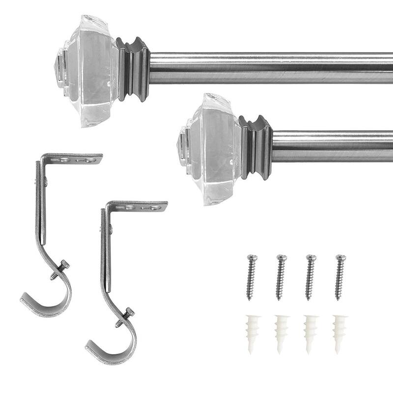 Lumi 1" Single Curtain Rod Set Brushed Nickel- Crystal Square finials - 36"-72" - Brushed Nickel