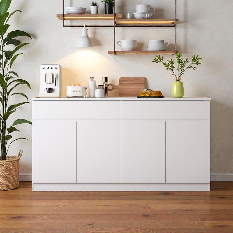 Large Sideboard Buffet Cabinet with Storage, Wood Kitchen Storage Cabinet with 2 Drawers and 4 Doors, Coffee Bar Table - White