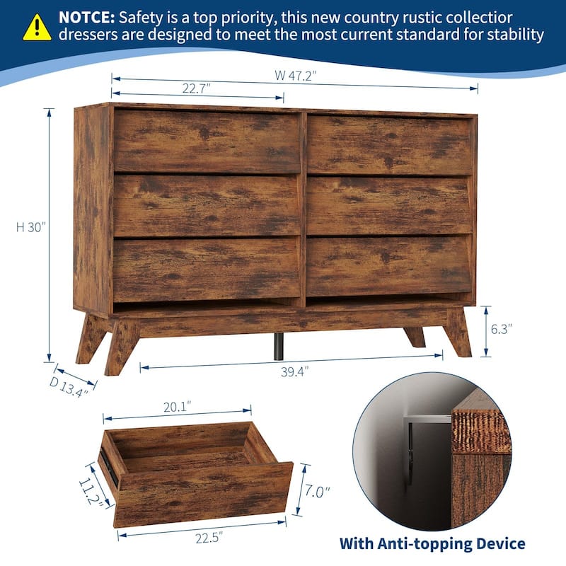 6-Drawer Dresser for Bedroom, 47.2" Wide Wooden Chest with Bevel Design, Mid-Century Vintage TV Stand