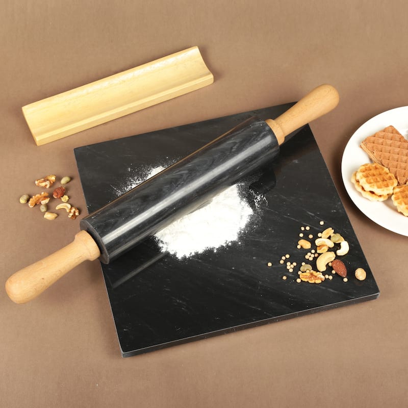 Creative Home Black Marble 18" Length Rolling Pin w/Deluxe Wood Handles and Cradle
