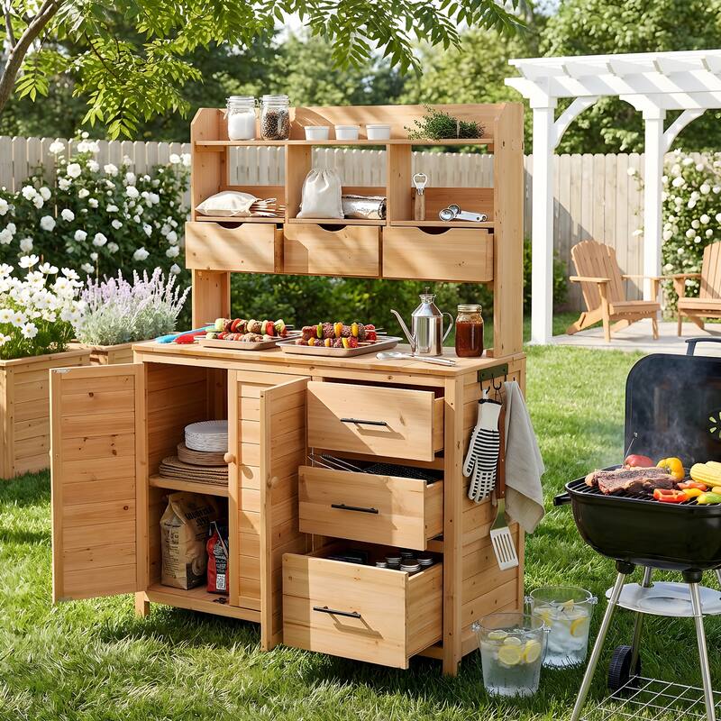 Roomfitters Garden Potting Bench with Storage Hutch, Outdoor Potting Table with 6 Drawers and Cabinets, Shelves