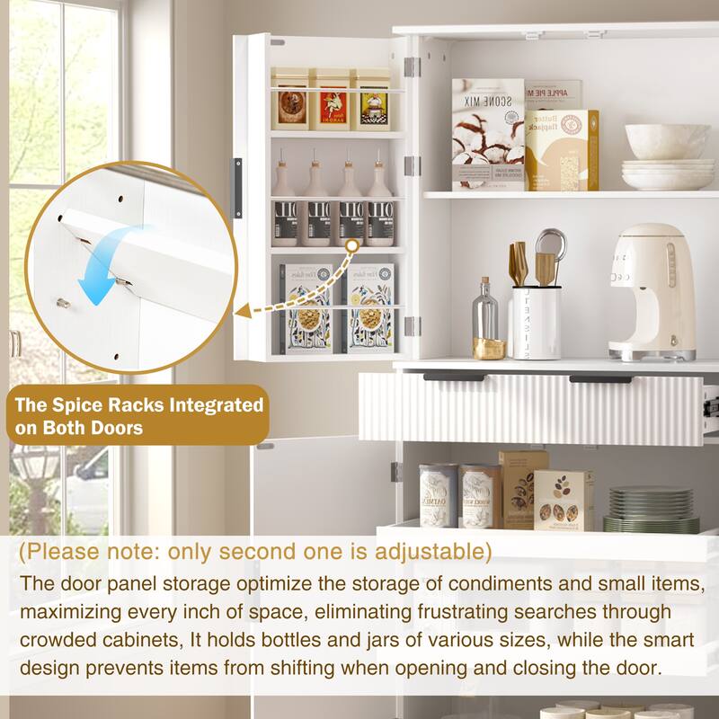 Fluted Kitchen Pantry Cabinet, Freestanding Sideboard Buffet Storage Cabinet with 3 Keyboard Drawers & 6 Door Shelves
