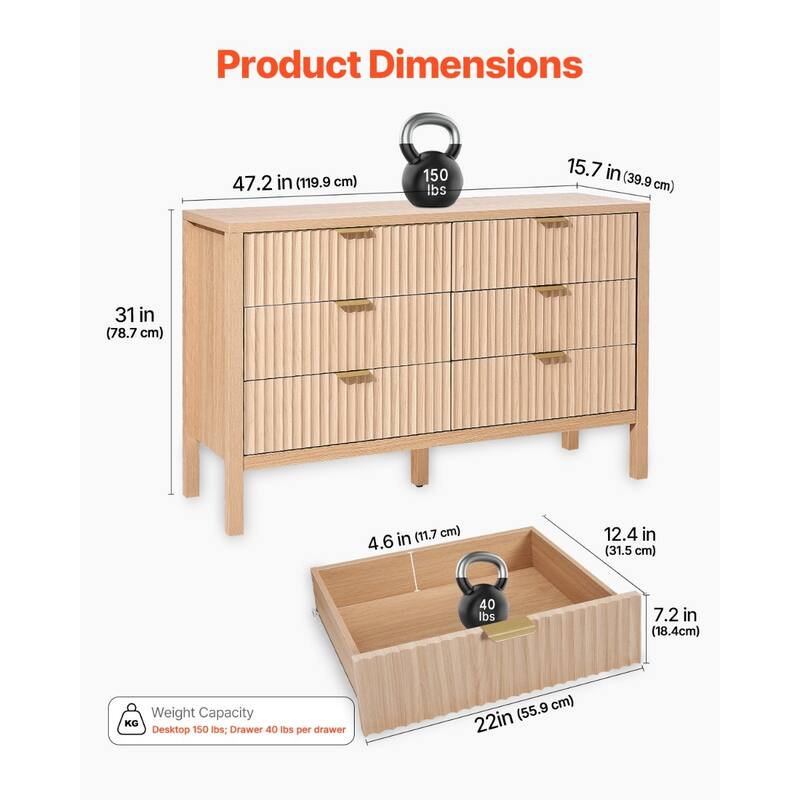 Light Wood MDF Drawer Dresser with Drawers, Wavy Design and Metal Handles