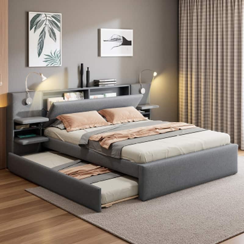 Queen Size Upholstered Platform Bed with Storage Headboard, Reading Lights, Trundle, and Side Racks - Gray