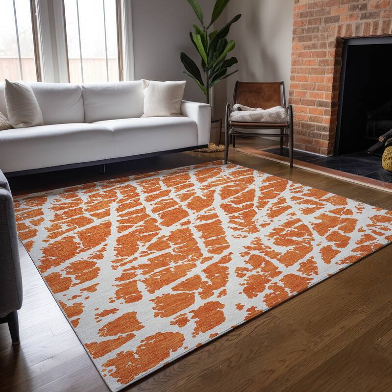 Machine Washable Indoor/ Outdoor Transitional Orange Crackle Chantille Rug