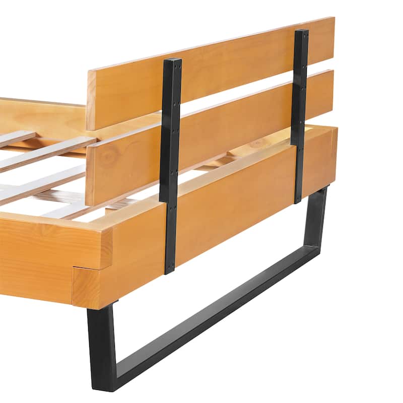 Rustic Pine Wood Platform Bed with Headboard, Wooden and Metal Queen/King Bed Frame, Wood Slats Support, No Box Spring Needed
