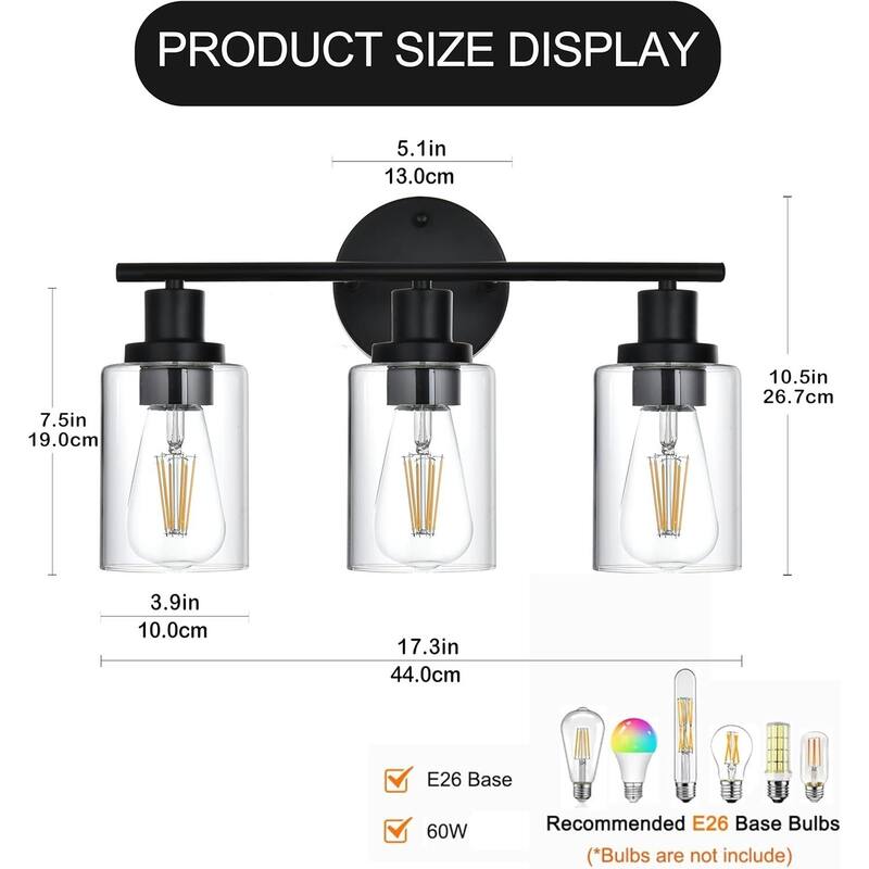 3-Light Bathroom Light Fixtures, Brushed Nickel Modern Vanity Lights Over Mirror with Clear Glass Shade, Bathroom Wall Lamp