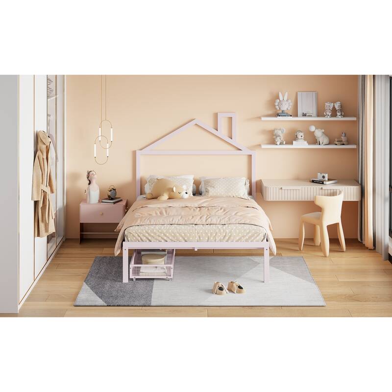 Full Size Metal Platform Bed with Two Drawers and House-Shaped Headboard