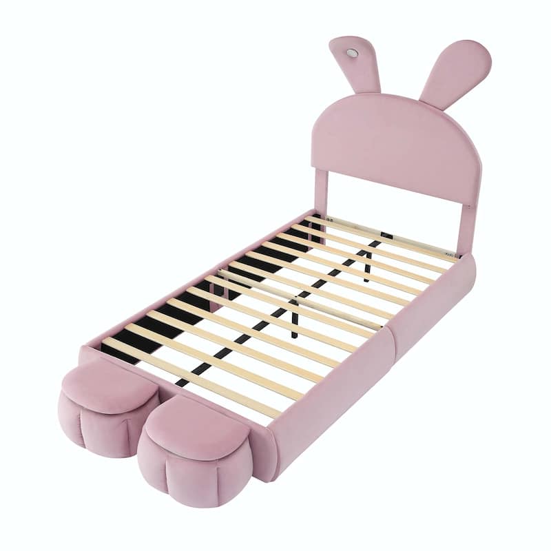 Upholstered Platform Bed with Cartoon Ears Shaped Headboard and Light