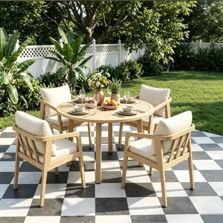 All Weather Acacia Wood Outdoor Dining Set With Water-Resistant Cushions and Umbrella Hole