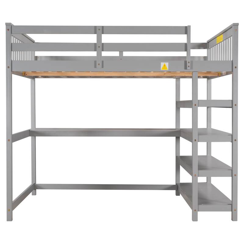 Full Size Loft Bed with Storage Shelves and Under-bed Desk in Gray