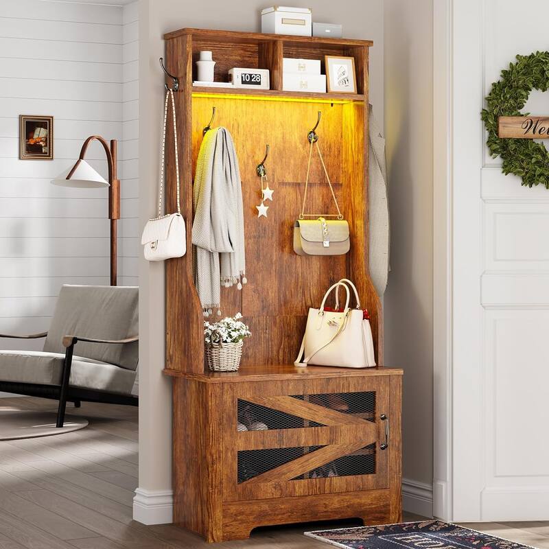 Hall Tree w/ Bench Shoe Storage Shoe Cubby Barn Door Adjustable Shelf - 23.6" - Brown