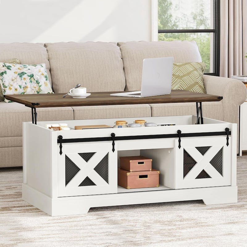 Moasis Lift Top Coffee Table with Hidden Storage and Shelves Farmhouse Sliding Barn Doors