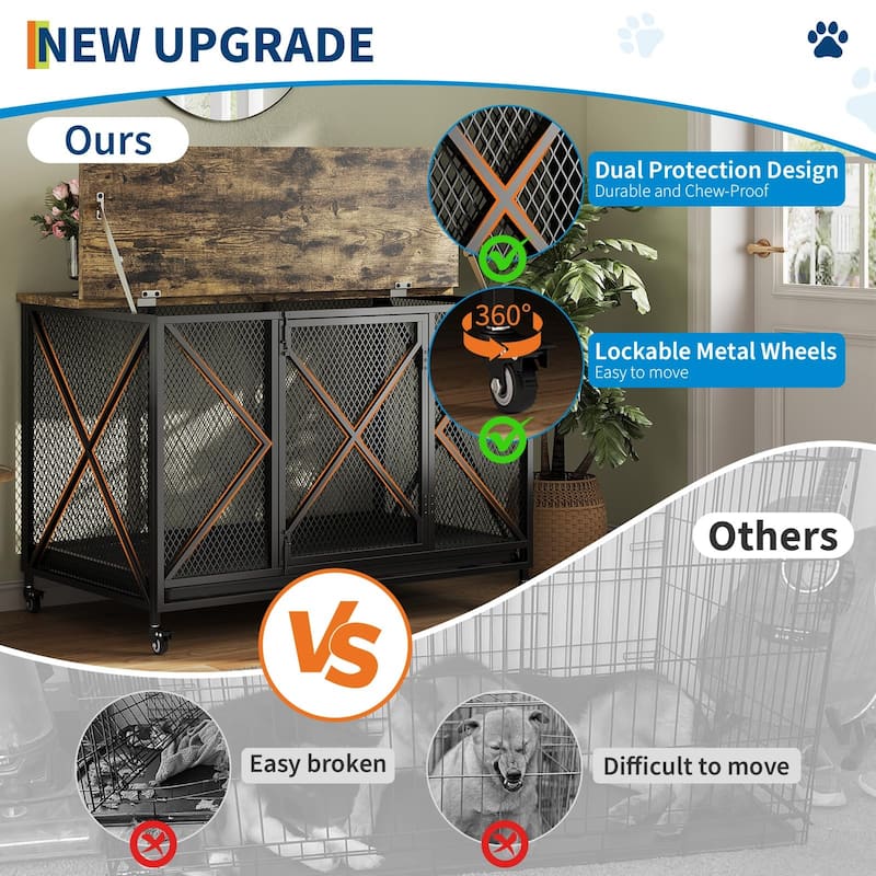 Dog Crate Furniture, Rolling 48 Inch Indoor Dog Crate with Potty Tray