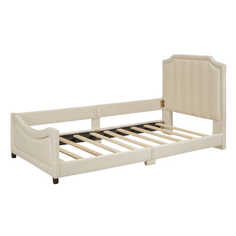 Twin Upholstered Daybed with Stripe Shaped Headboard, Durable Wood Frame, No Box Spring Required - Grey/Beige/Pink