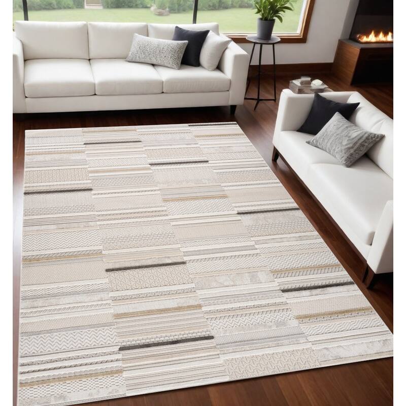 Bifo Distressed Abstract Modern Stain Resistant Woven Area Rug By HomeRoots - 5' X 8' - Gray and Beige - Rectangle