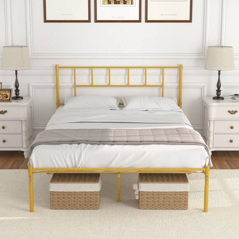VECELO Victorian Style 14 Inch Metal Platform Bed Frame with Headboard, Heavy Duty Steel Slat Support, No Box Spring Needed