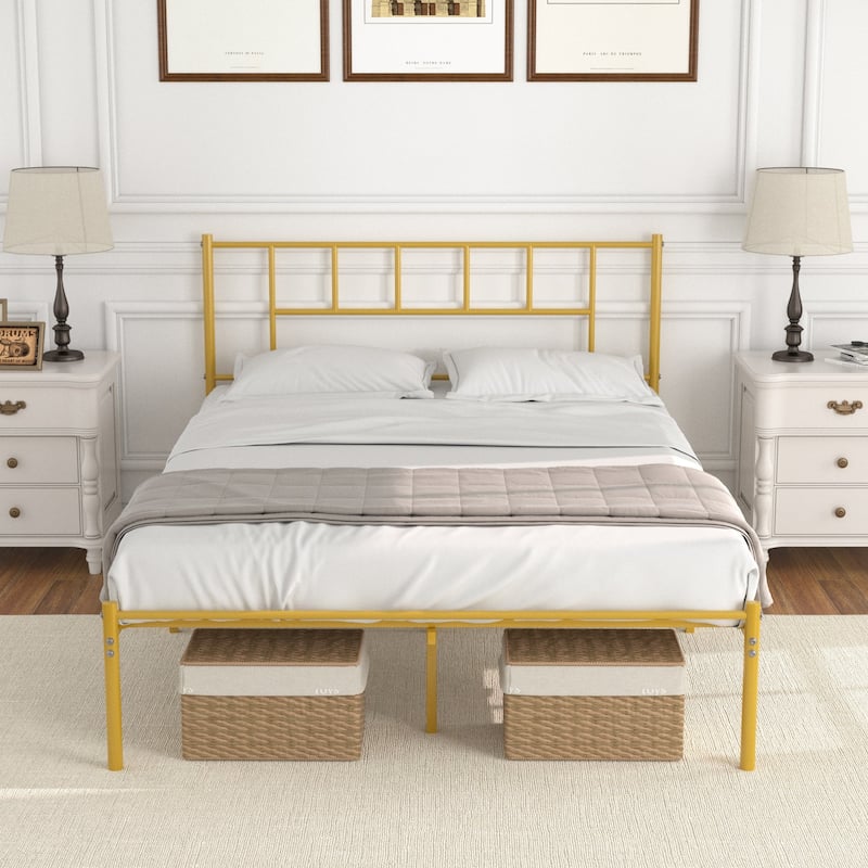 VECELO Victorian Style Metal Platform Bed Frame with Headboard & 12.6" Under Bed Storage-Twin/Full/Queen Size Steel Bed - Gold - Full