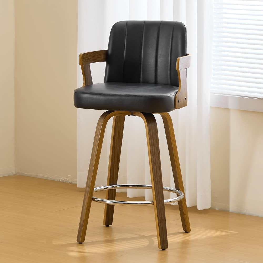 Upholstered Wood Swivel Counter Height Barstool with Arms