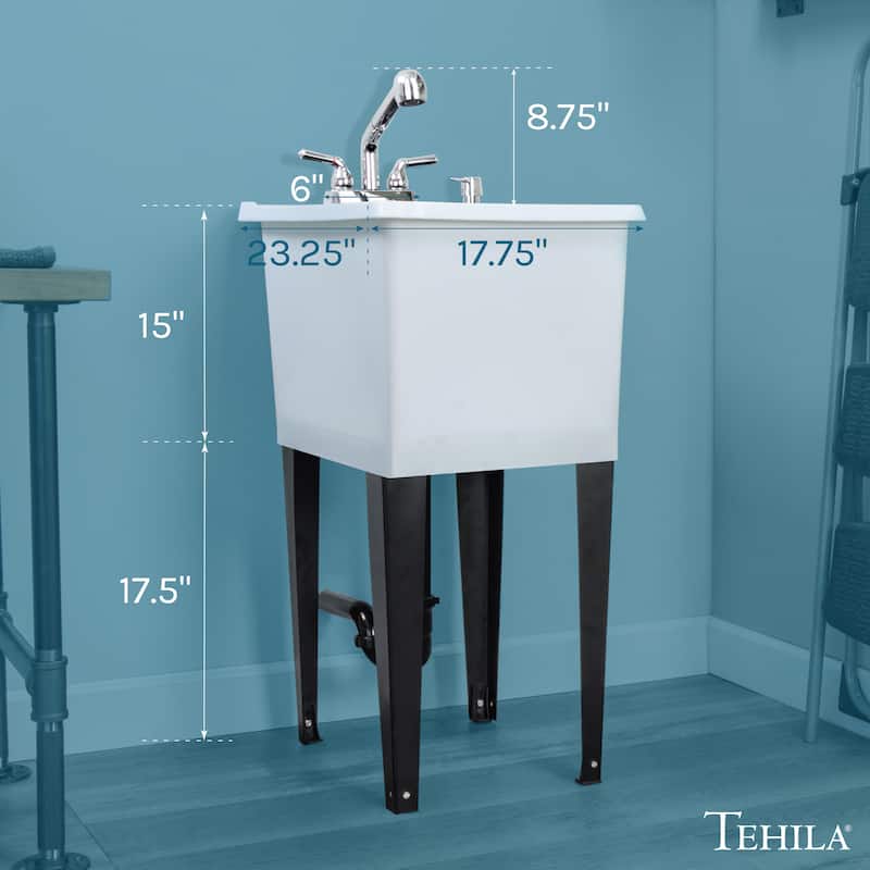 TEHILA White 16-Gallon Space Saver Utility Sink Laundry Tub with Pull-Out Faucet