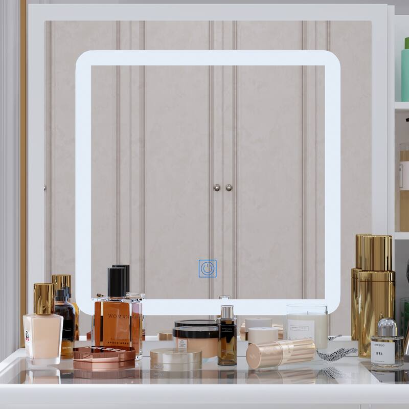 Glass Top Vanity Set with Sliding Mirror and LED Lights Dressing Table - 39.4"W