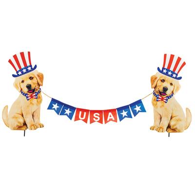 Realistic Dogs with USA Banner Patriotic Garden Stake Set - NO SIZE