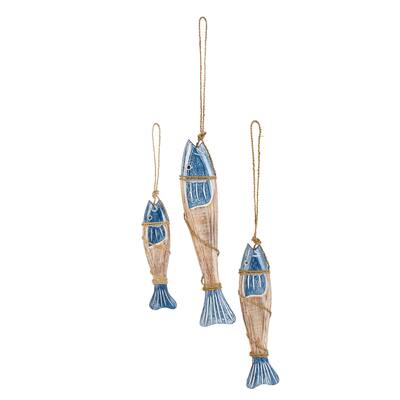 Wood Fish Handmade Home Wall Decor with Wrapped Jute Hanging Rope - Set of 3 Blue - Roche River Decor