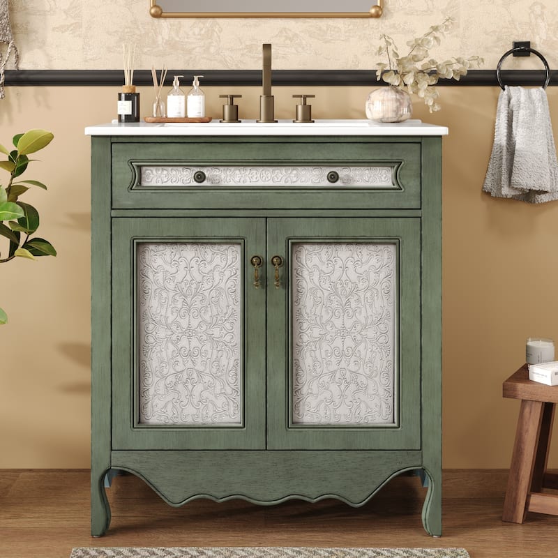 Bathroom Vanity with Ceramic Sink, Bathroom Cabinet with One Flip Drawer and Two Doors, Restroom Vanity with Adjustable Shelf - Antique blue green,Antique Green,White
