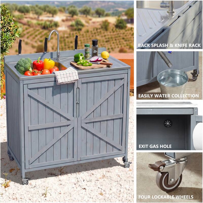 39.4" Outdoor Kitchen Island with 304 Stainless Steel Sink, Faucet & Storage Cabinet
