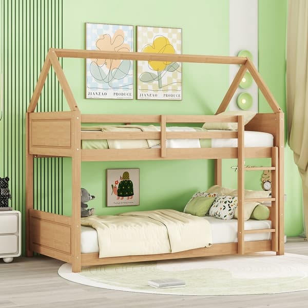 slide 2 of 36, Twin Over Twin Low Bunk Bed with House-shaped Bed Roof Frame, Ladder, Guardrails, Headboards and Footboards For Kids Floor Bed White Oak - Twin