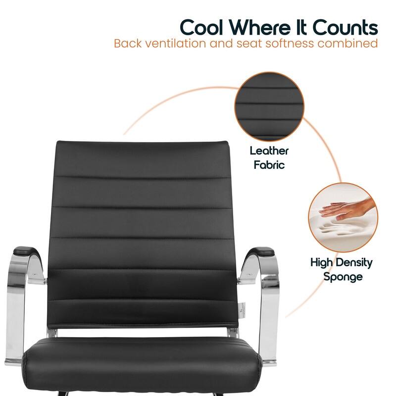 Benmar Series Mid Back Modern Leather Office Executive Desk Chair, Ergonomic Seating with Stainless Steel Sled Base