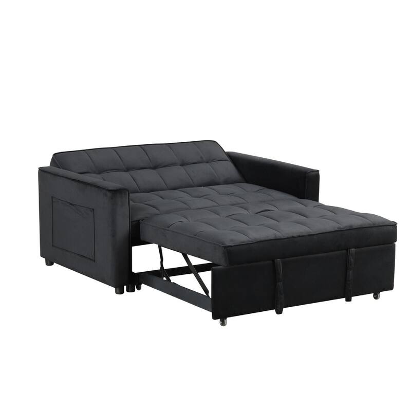 Marve Convertible Sleeper Loveseat, Side Pockets, Black Velvet 54 Inch