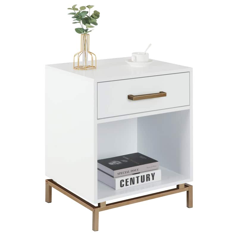 Anmytek 1-Drawer Modern White Gold Nightstand Accent Table End Side Table with Open Shelf for Bedroom