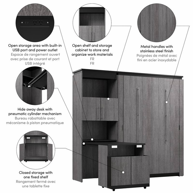 Orion Full Murphy Bed with Storage Cabinet and Fold-Out Desk by Bestar