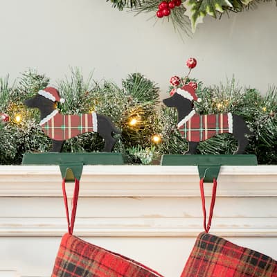 Glitzhome Christmas Dachshund Reindeer Red Car Stocking Holders Rustic Mantel Ornament