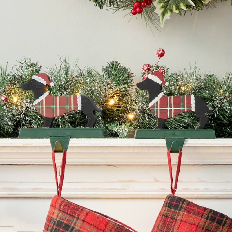 Glitzhome Wooden/Metal Red Truck Dachshund Reindeer Tree Stocking Holder Mantel Ornament for Christmas - 2PK Dachshunds