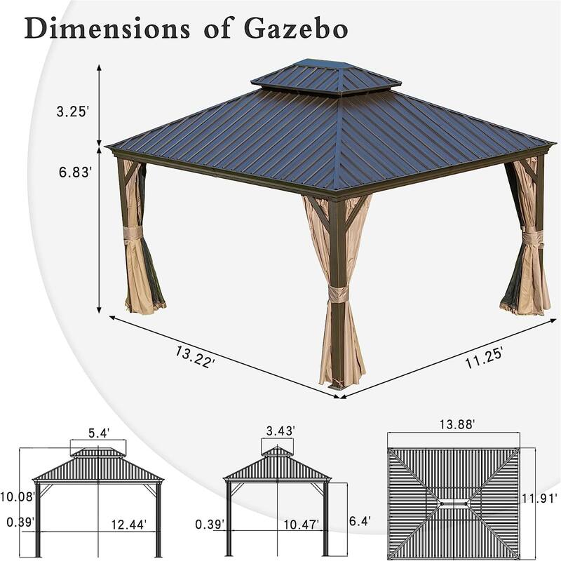 Cedar Wood Hardtop Gazebo with Galvanized Steel Double Roof, Netting & Curtains