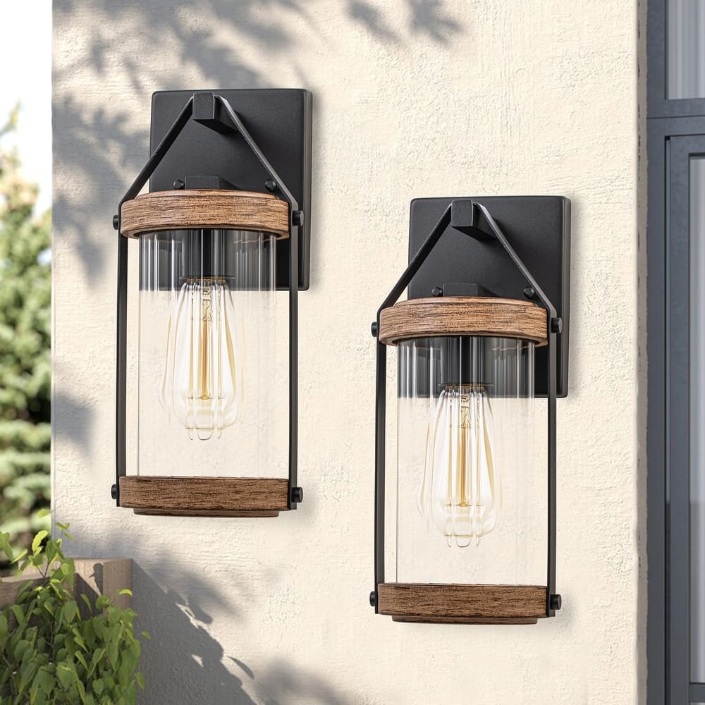 C Cattleya 2-Pack Black and Woodgrain Outdoor Wall Sconces Light