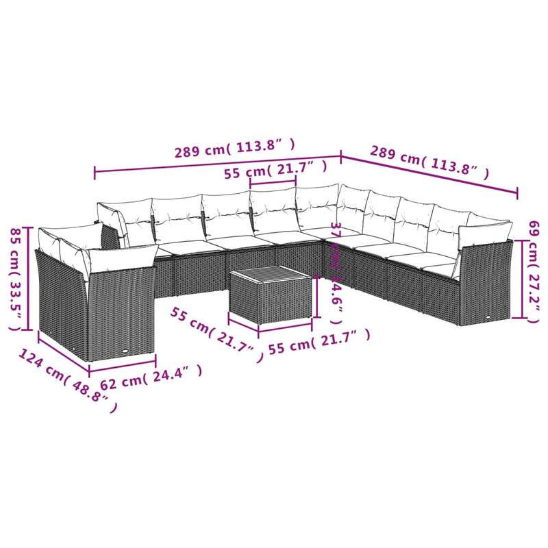 vidaXL 12 Piece Patio Sofa Set with Cushions Black Poly Rattan - 113.8x33.5x113.8