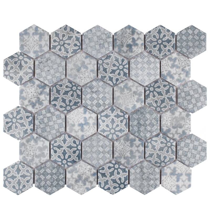 Merola Tile Medley 2" Hex Slate Blue 11-1/8" x 12-5/8" Porcelain Mosaic Floor and Wall Tile - Grey - Case (10 Tiles)
