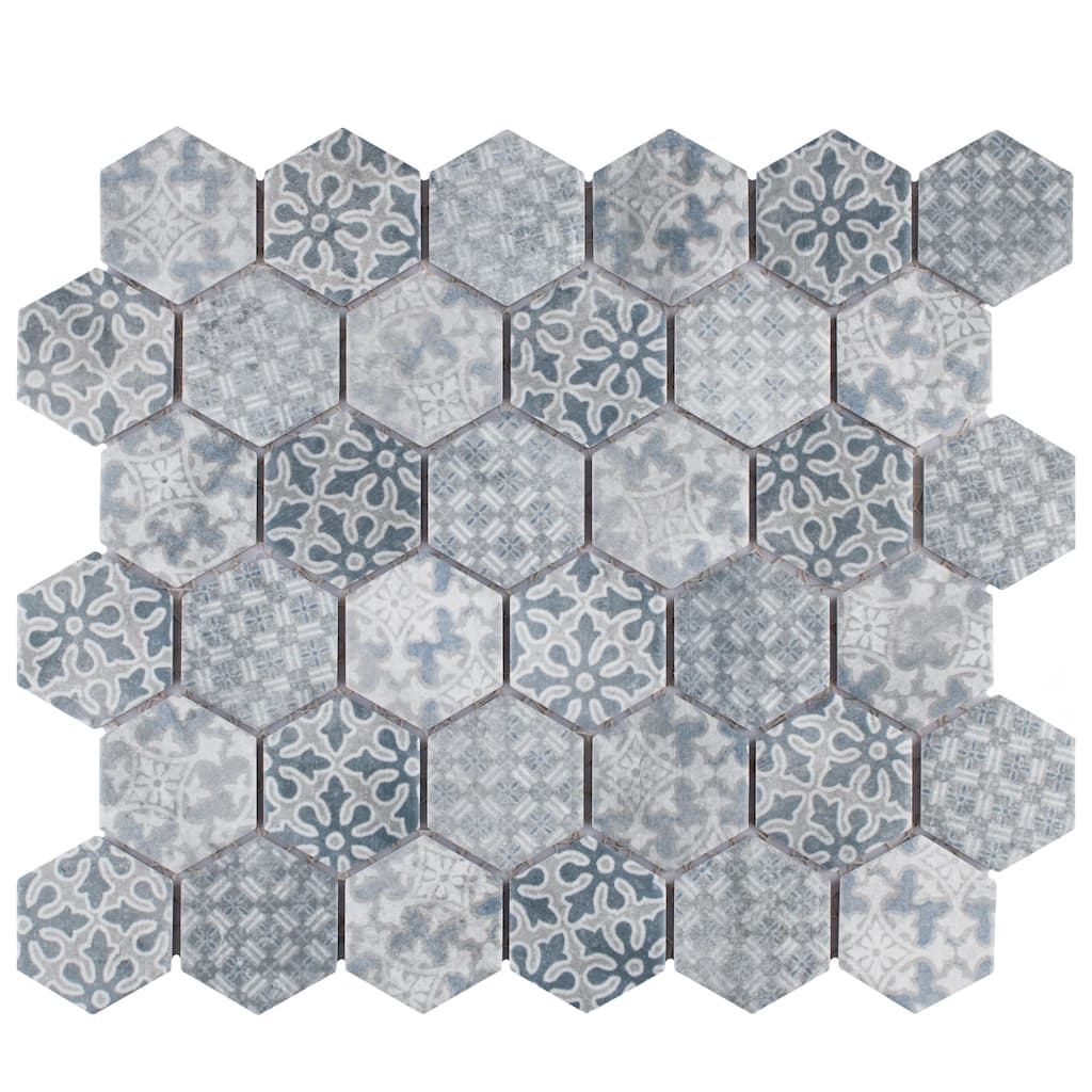 Merola Tile Medley 2" Hex Slate Blue 11-1/8" x 12-5/8" Porcelain Mosaic Floor and Wall Tile