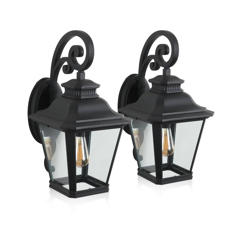 14" Outdoor Wall Lanterns 2-Pack, Black Waterproof Wall Sconce with Clear Glass Panels, Vintage Exterior Light
