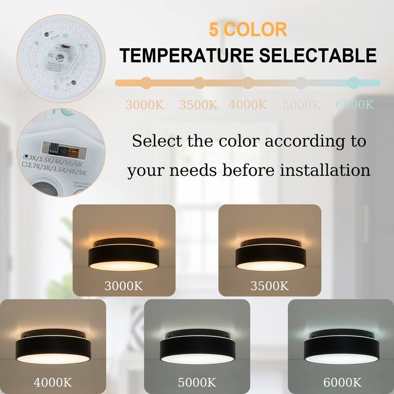 Dimmable LED Flush Mount Ceiling Light with 5-Color Temperature Selectable - 11.4 in W × 3.7 in H