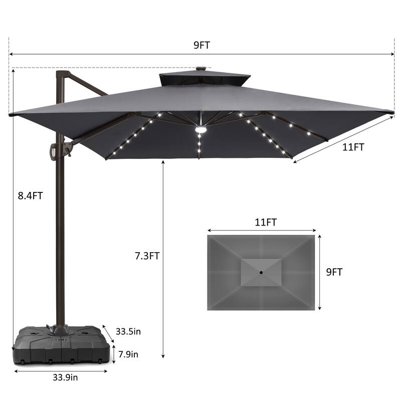 9x11 FT Daul Top Outdoor Patio Cantilever Umbrella Solar LED Lighted with Wheel Base