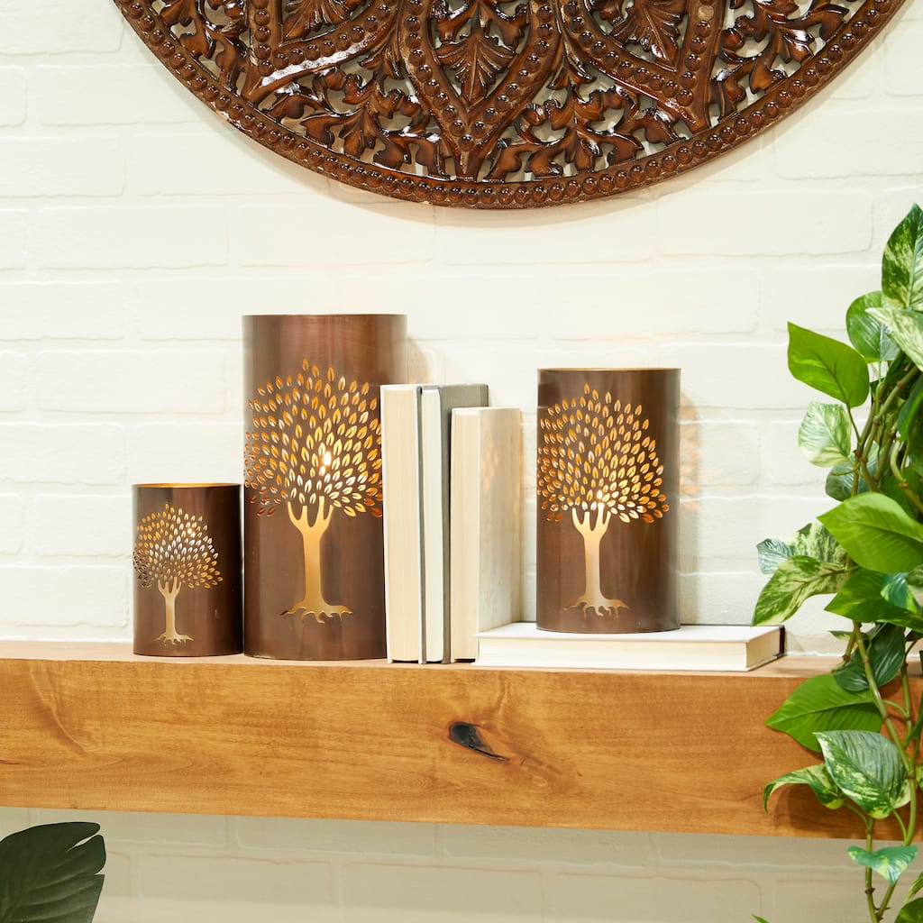 Copper Metal Tree Decorative Indoor Outdoor Candle Lantern (Set of 3)