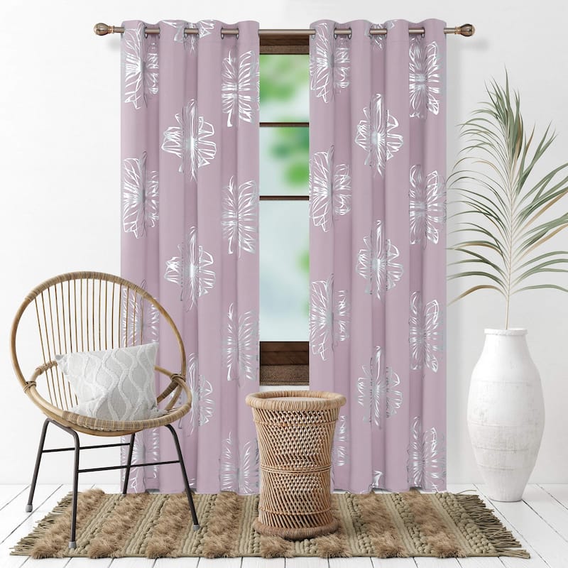 Flower Foil Printed Room Darkening Drapes for Girl's Bedroom 2 Panels - 52W x 84L - Lavender