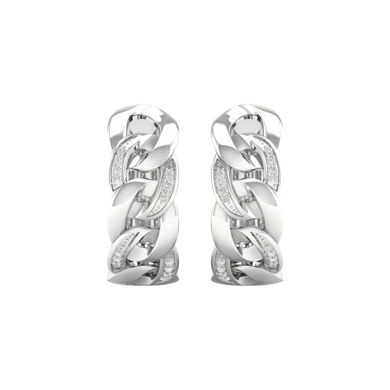 1/10ct TDW Diamond Cuban Link Hoop Earrings in 10k Gold for Women - White