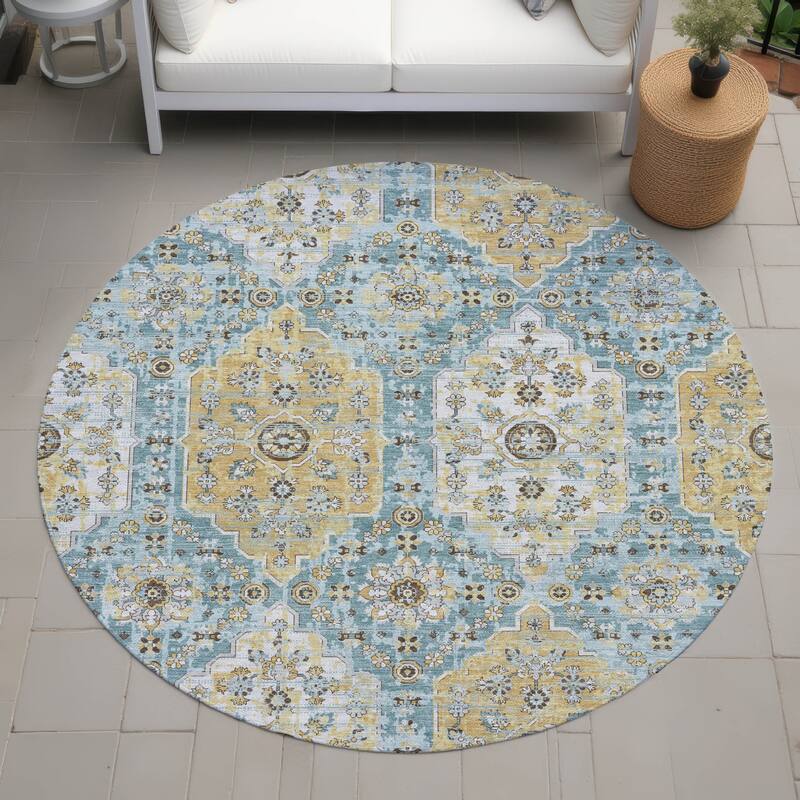 Machine Washable Indoor/ Outdoor Traditional Kiowa Chantille Rug - Teal - 8' x 8'