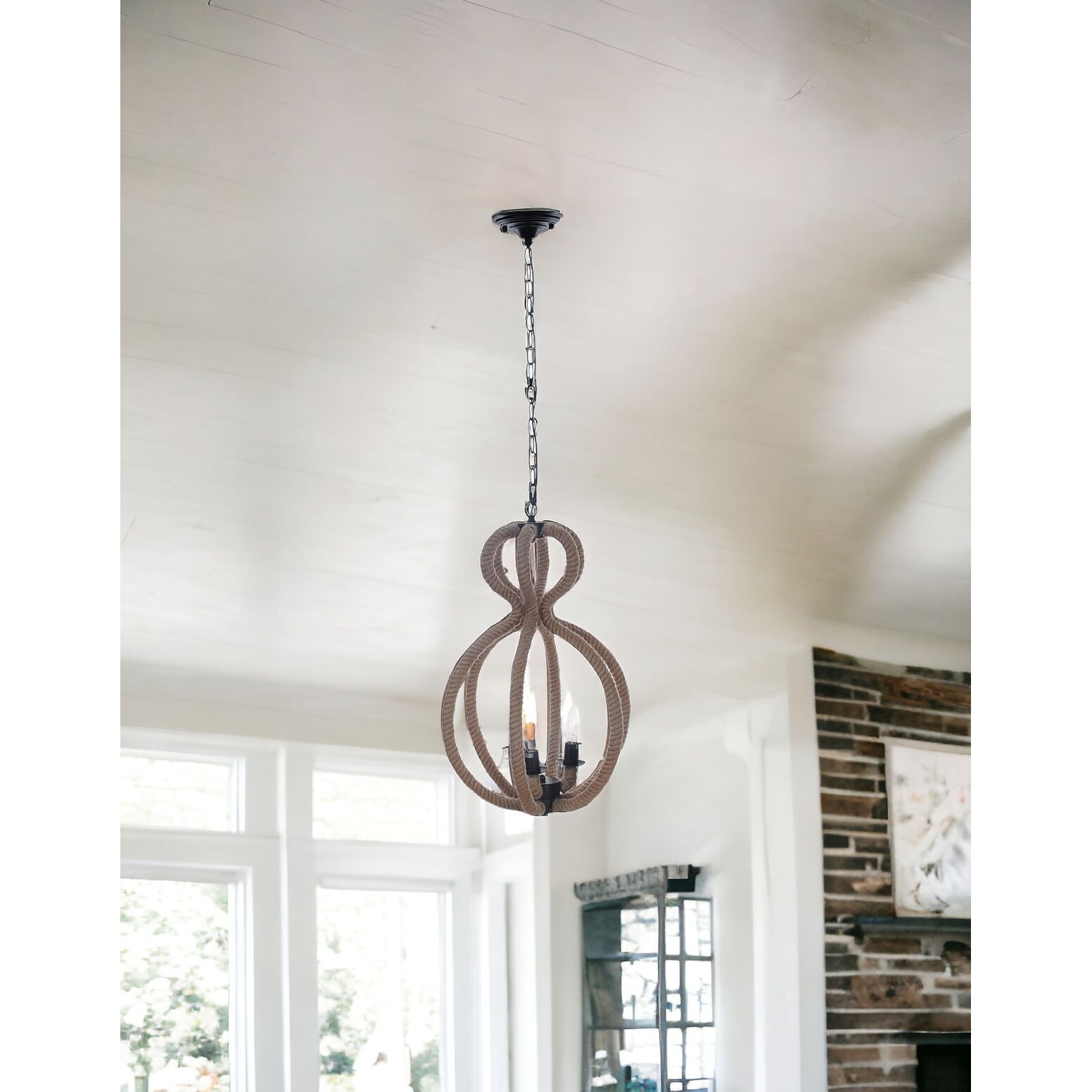 Natural and Black Iron and Rope Three Light Ceiling Light Natural and Black Iron and Rope Three Light Ceiling Light