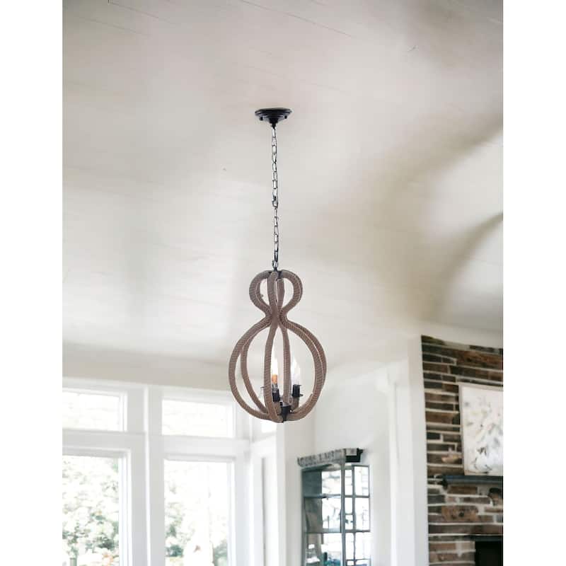HomeRoots Natural and Black Iron and Rope Three Light Ceiling Light - 15' X '47.5' X '15 - 15' X '47.5' X '15